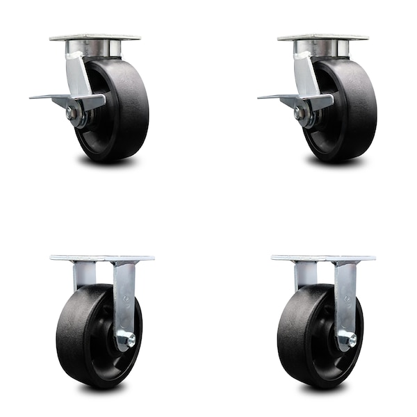 6 Inch Kingpinless Glass Filled Nylon Wheel Caster Brakes 2 Rigid SCC, 2PK